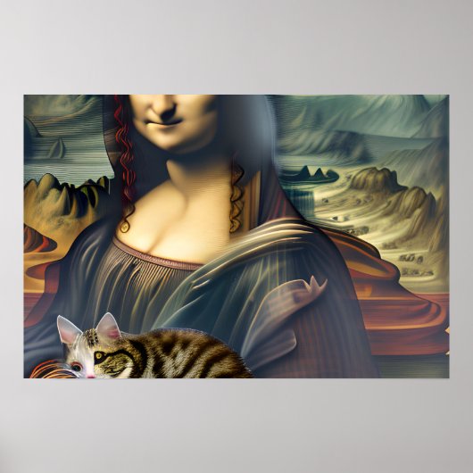 Gekke Mona Lisa met Kitty Cat Portrait Art Poster (Voorkant)
