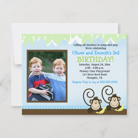 Gekke Monkey Twins Photo Birthday Invite Kaart (Voorkant)