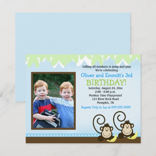 Gekke Monkey Twins Photo Birthday Invite Kaart (Voorkant / Achterkant)