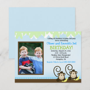 Gekke Monkey Twins Photo Birthday Invite Kaart