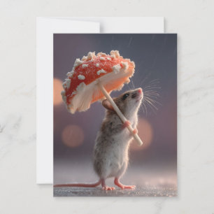 Gekke muis die een paddenstoel als paraplu gebruik briefkaart