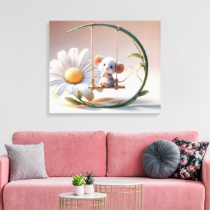 Gekke muis op een Daisy Swing Canvas Afdruk