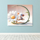 Gekke muis op een Daisy Swing Canvas Afdruk (Insitu (Houten vloer))