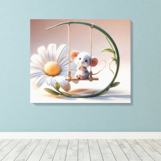 Gekke muis op een Daisy Swing Canvas Afdruk (Insitu (Houten vloer))