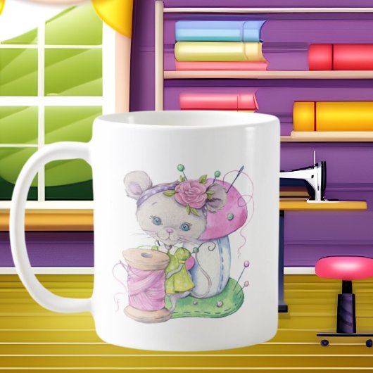 gekke naaiende dame word art koffiemok