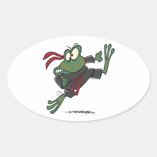 gekke ninja-kikkervis cartoon ovale sticker (Voorkant)