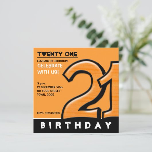 Gekke nummer 21 oranje uitnodiging voor de geboort (Staand voorkant)