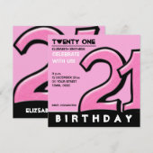 Gekke nummer 21 roze uitnodiging van de Birthday P (Voorkant / Achterkant)