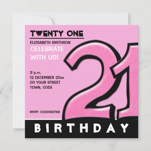 Gekke nummer 21 roze uitnodiging van de Birthday P (Voorkant)