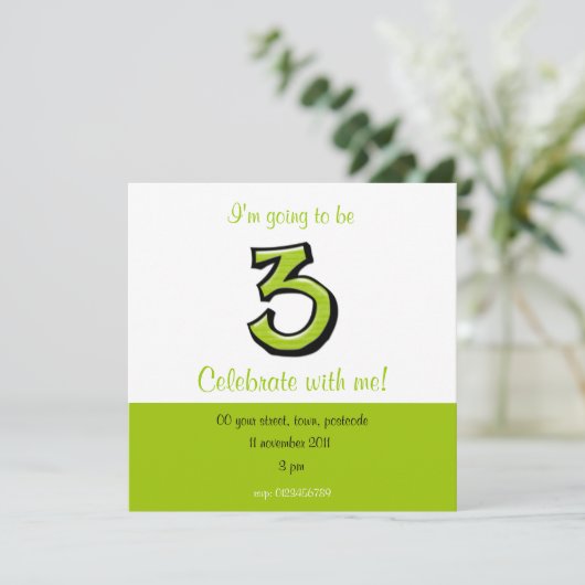 Gekke nummer 3 groene uitnodiging voor geboorte (Staand voorkant)