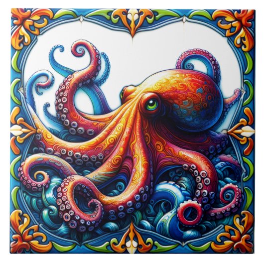 Gekke octopus Tegels in golven Tegeltje (Voorkant)