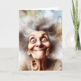 Gekke oude dame voor het krijgen van oudere verjaa kaart