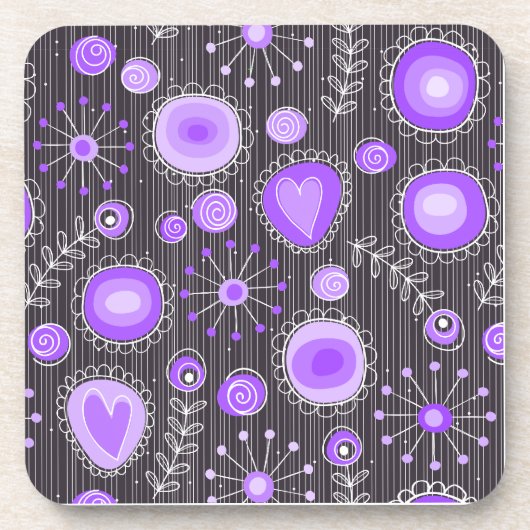 Gekke paarse grijze hartjes en bloemetjes drankjes onderzetter (Voorkant)