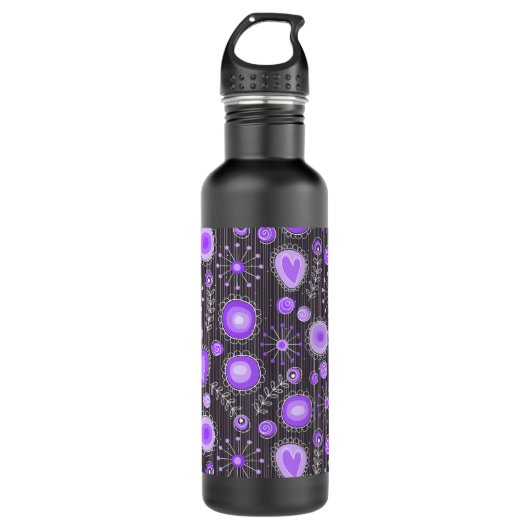 Gekke paarse grijze hartjes en bloemetjes waterfles  (Voorkant)