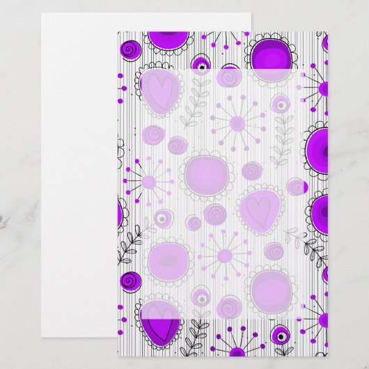 Gekke paarse witte harten en bloemen bloeien briefpapier (Voorkant / Achterkant)