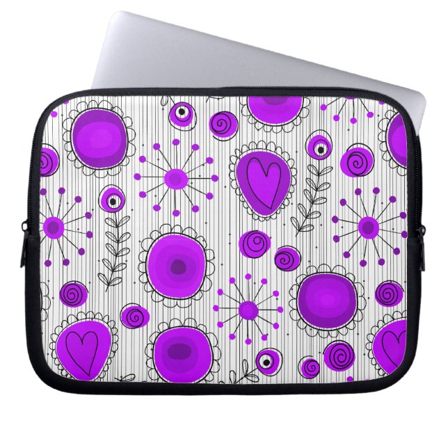 Gekke paarse witte harten en bloemen bloeien laptop sleeve (Voorkant)