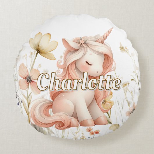 Gekke pastel eenhoorn wilde bloem rond kussen (Voorkant)