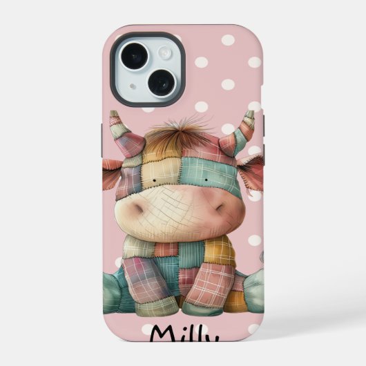 Gekke Pastel Patchwork Koe met Aangepaste Naam  iPhone 15 Case (Achterkant)