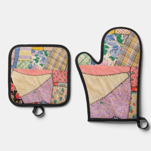 Gekke patchwork quilt met zigzag stiksels ovenwant & pannenlap set (Voorkant)