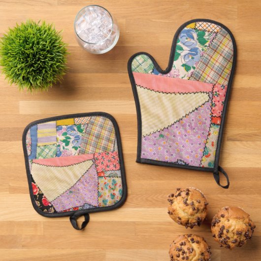 Gekke patchwork quilt met zigzag stiksels ovenwant & pannenlap set (Top down)