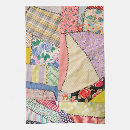 Gekke patchwork quilt met zigzag stiksels theedoek (Verticaal)