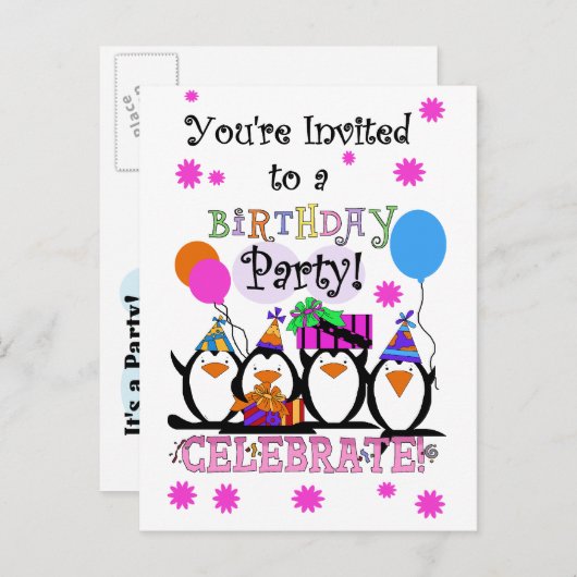 Gekke Pinguïns Verjaardagskaarten en Uitnodigingen (Voorkant / Achterkant)