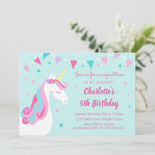 Gekke Regenboog Eenhoorn Aqua 5e Verjaardag Kaart (Staand voorkant)