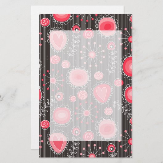 Gekke rode en grijze harten en bloemen briefpapier (Voorkant / Achterkant)