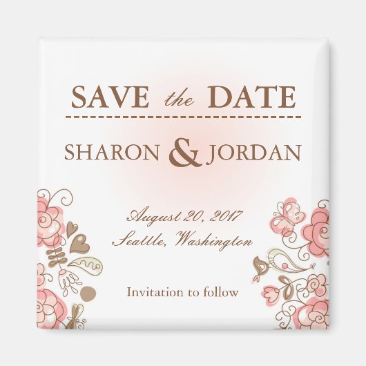 Gekke roze bloemen en vogels redden de datum magneet (Voorkant)