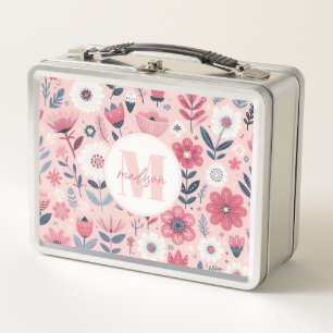 Gekke Roze Bloemen Metalen Lunchbox
