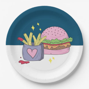 Gekke Roze Burger en Frites Verjaardagsfeestje Papieren Bordje