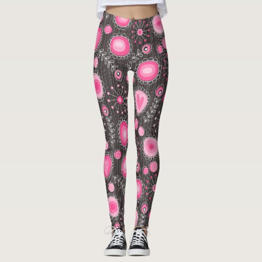 Gekke roze en grijze harten en bloemen leggings (Voorkant)