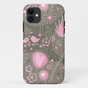 Gekke roze en grijze harten, vogels en bloemen iPhone 11 hoesje