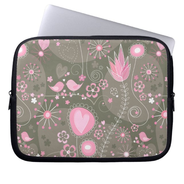 Gekke roze en grijze harten, vogels en bloemen laptop sleeve (Voorkant)