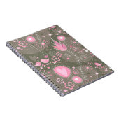 Gekke roze en grijze harten, vogels en bloemen notitieboek (Rechterzijde)
