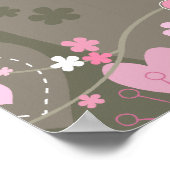 Gekke roze en grijze harten, vogels en bloemen poster (Hoek)