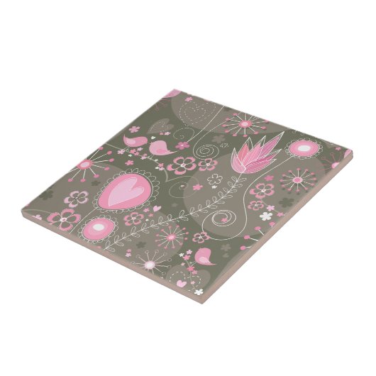 Gekke roze en grijze harten, vogels en bloemen tegeltje (Zijkant)