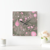 Gekke roze en grijze harten, vogels en bloemen vierkante klok (Huis)