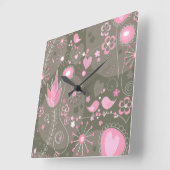 Gekke roze en grijze harten, vogels en bloemen vierkante klok (Hoek)