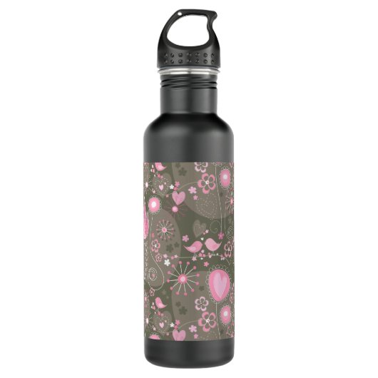 Gekke roze en grijze harten, vogels en bloemen waterfles  (Voorkant)