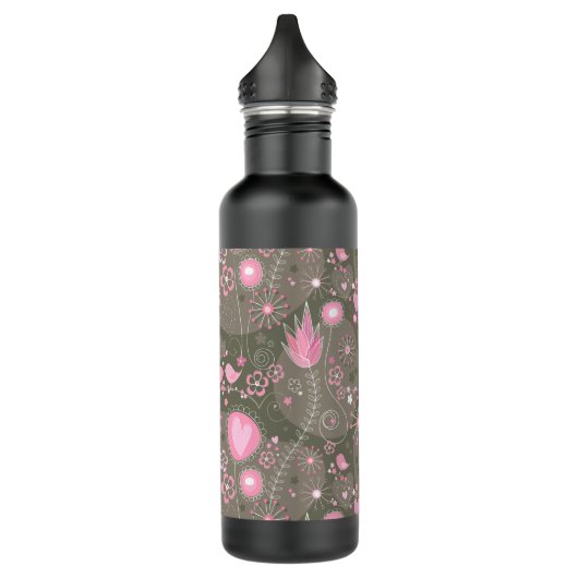 Gekke roze en grijze harten, vogels en bloemen waterfles  (Links)