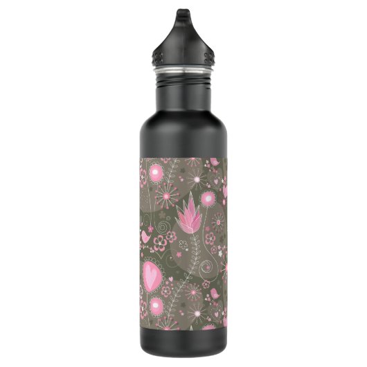 Gekke roze en grijze harten, vogels en bloemen waterfles  (Rechts)