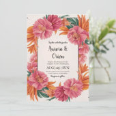 Gekke roze en oranje bloemenbruiloft kaart (Staand voorkant)