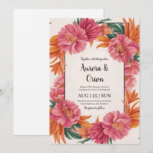 Gekke roze en oranje bloemenbruiloft kaart (Voorkant / Achterkant)