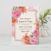 Gekke roze en oranje bloemenbruiloft kaart (Staand voorkant)