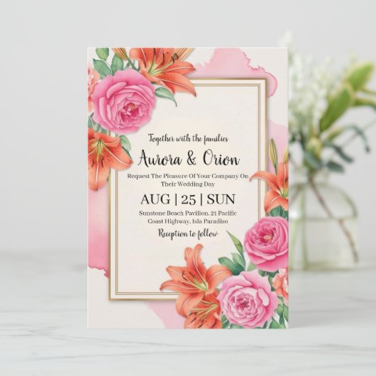 Gekke roze en oranje bloemenbruiloft kaart (Staand voorkant)