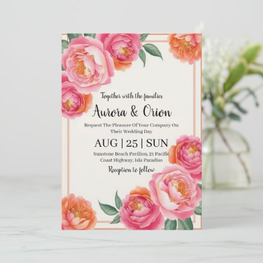 Gekke roze en oranje bloemenbruiloft kaart (Staand voorkant)