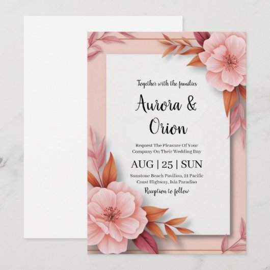 Gekke roze en oranje bloemenbruiloft kaart (Voorkant / Achterkant)