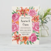 Gekke roze en oranje bloemenbruiloft kaart (Staand voorkant)
