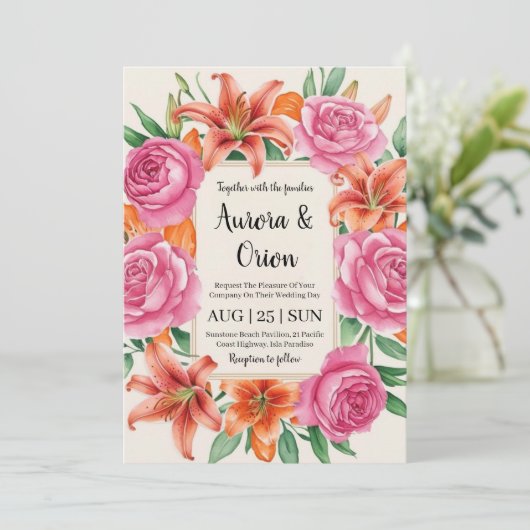 Gekke roze en oranje bloemenbruiloft kaart (Staand voorkant)